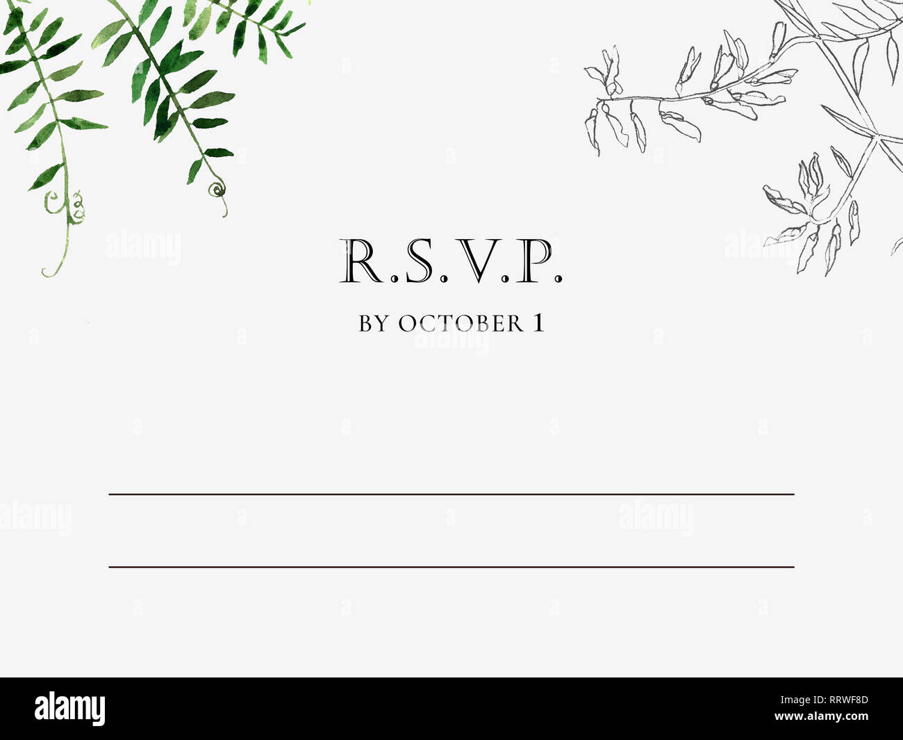Elegant wedding invitation template with watercolor and engraving wild meadow flowers and text for your design. Stock Photo
