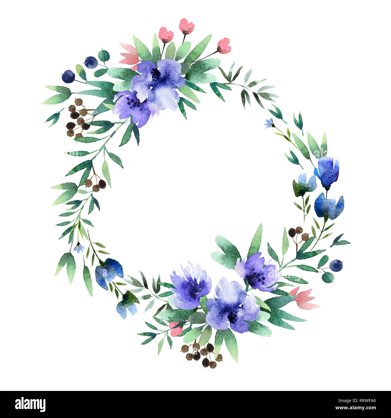 Beautiful watercolor wreath isolated on white background. Round floral ...