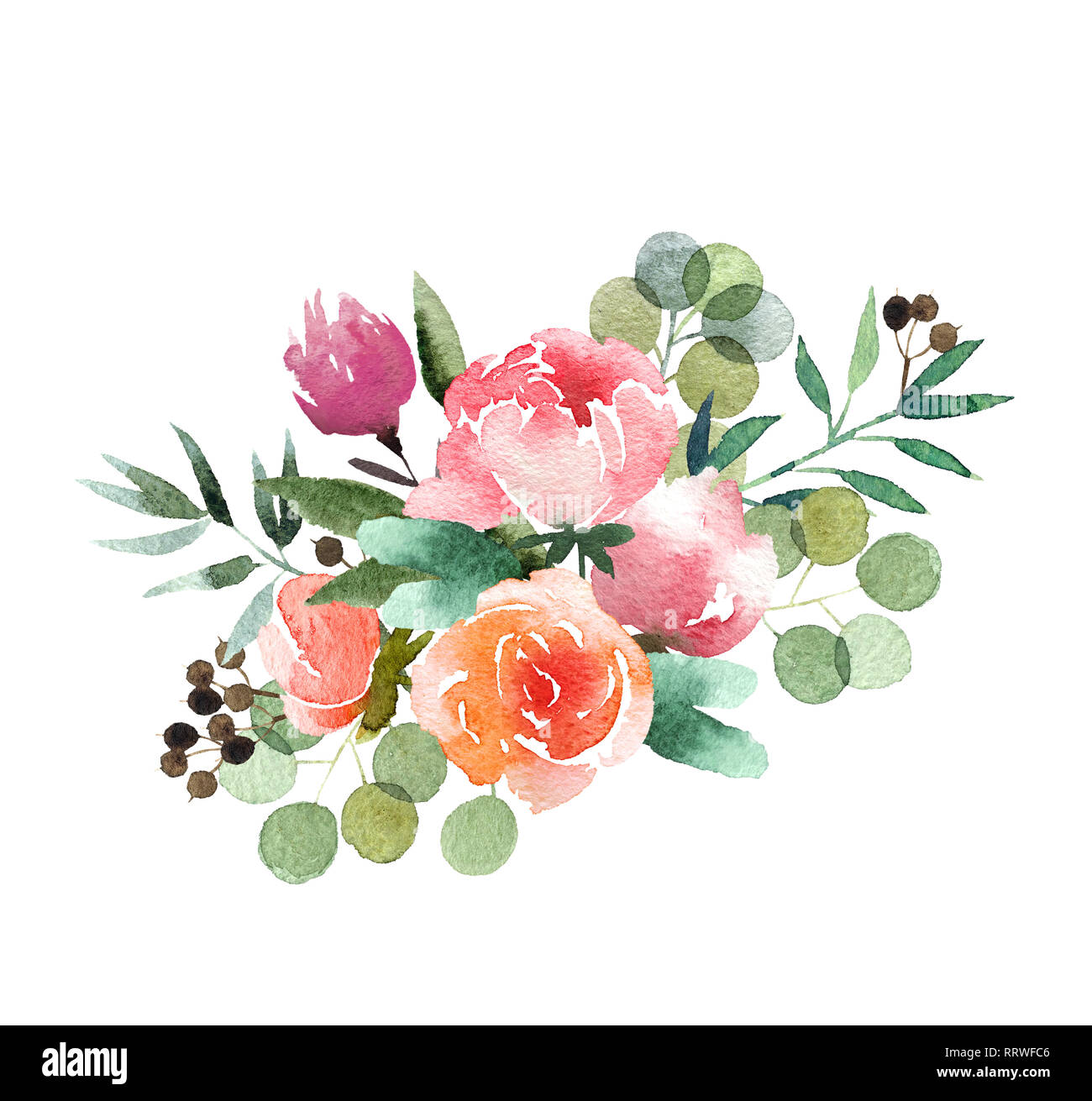 Beautiful watercolor bouquet isolated on white background. Floral watercolor bouquet for design, postcards, banners, emblems, logo. Stock Photo