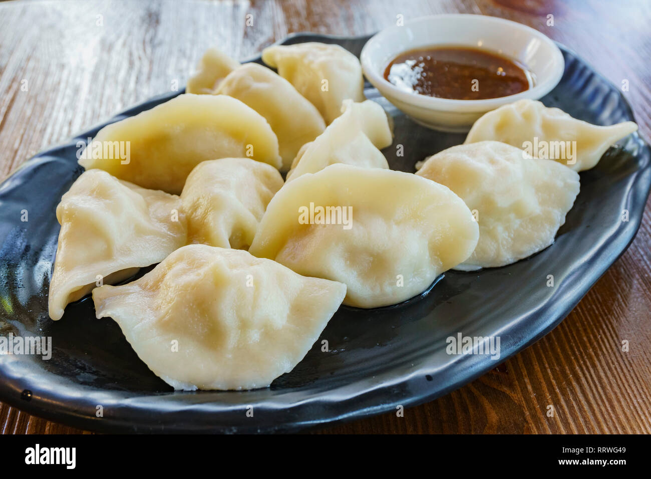 Close up shot of boiled pork dumpling, ate at Los Angeles, California Stock Photo