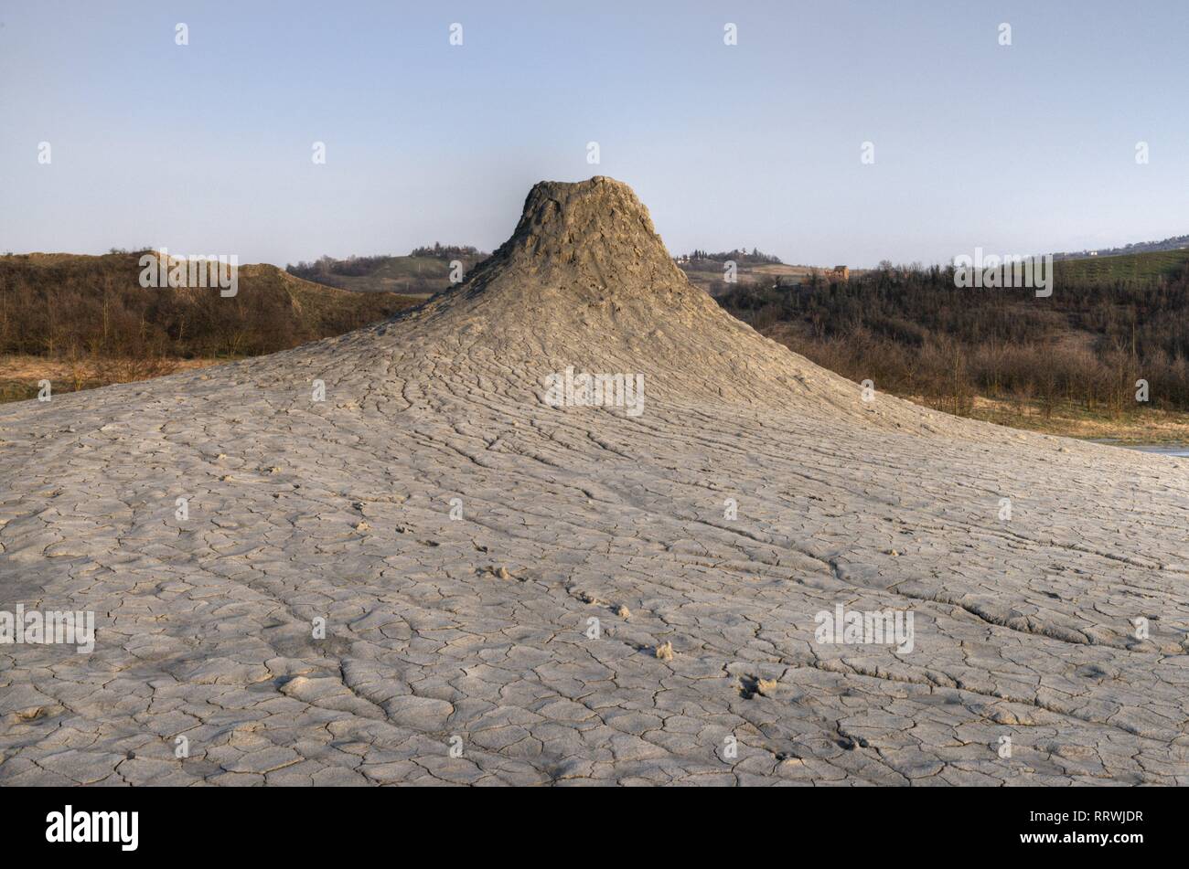 A mud volcano in the Natural Reserve Salse di Nirano. Mud volcanoes and craters in Emilia Romagna, Italy. Stock Photo