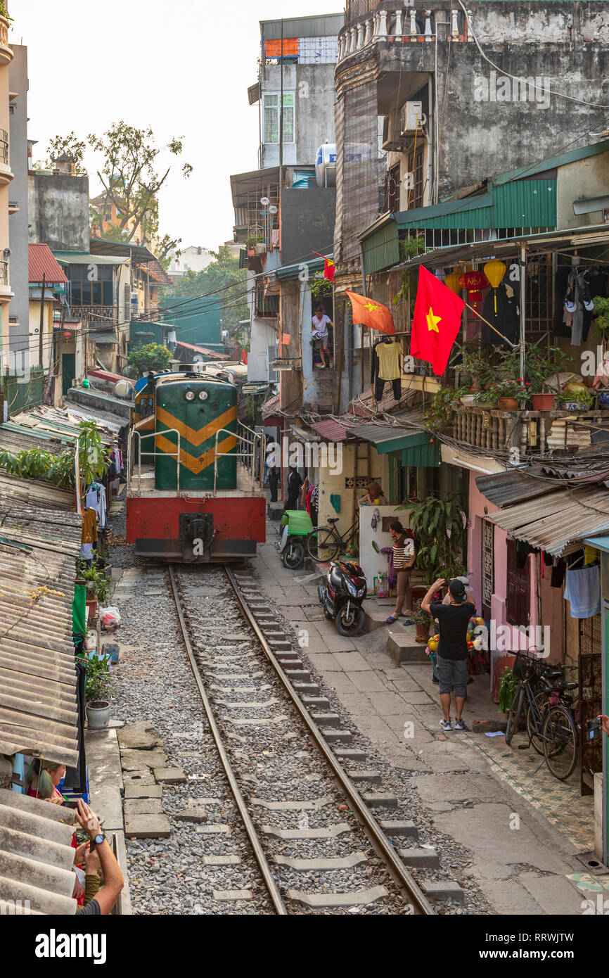View of Hanoi train street between Le Duan and Kham Thin Street in