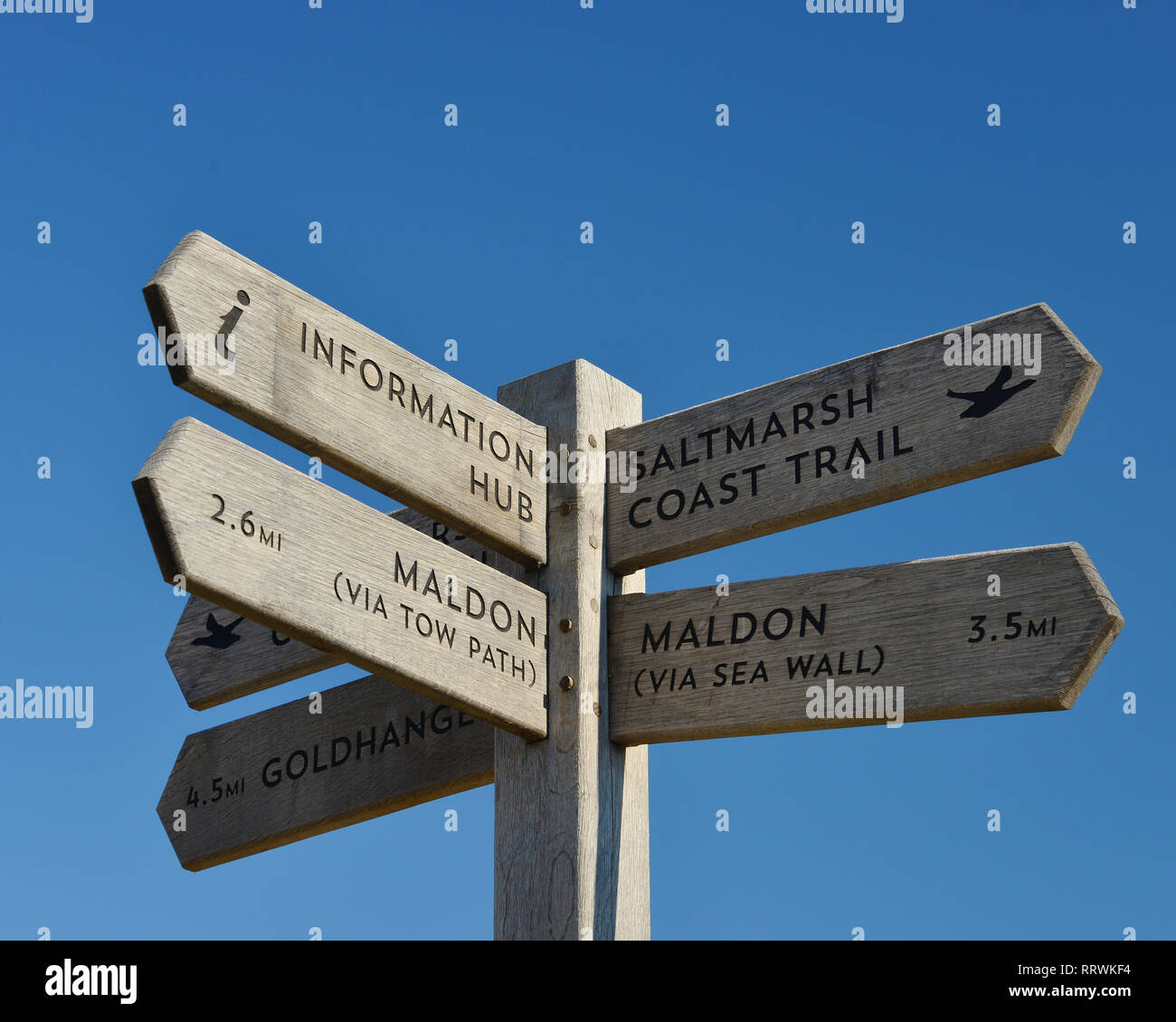 Direction sign showing route to Maldon, or the Saltmarsh Coast trail