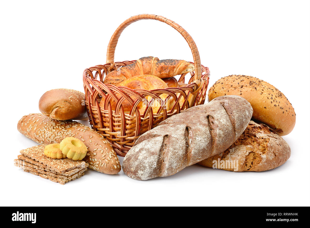 Fresh bread, buns and cookies isolated on white background Stock Photo