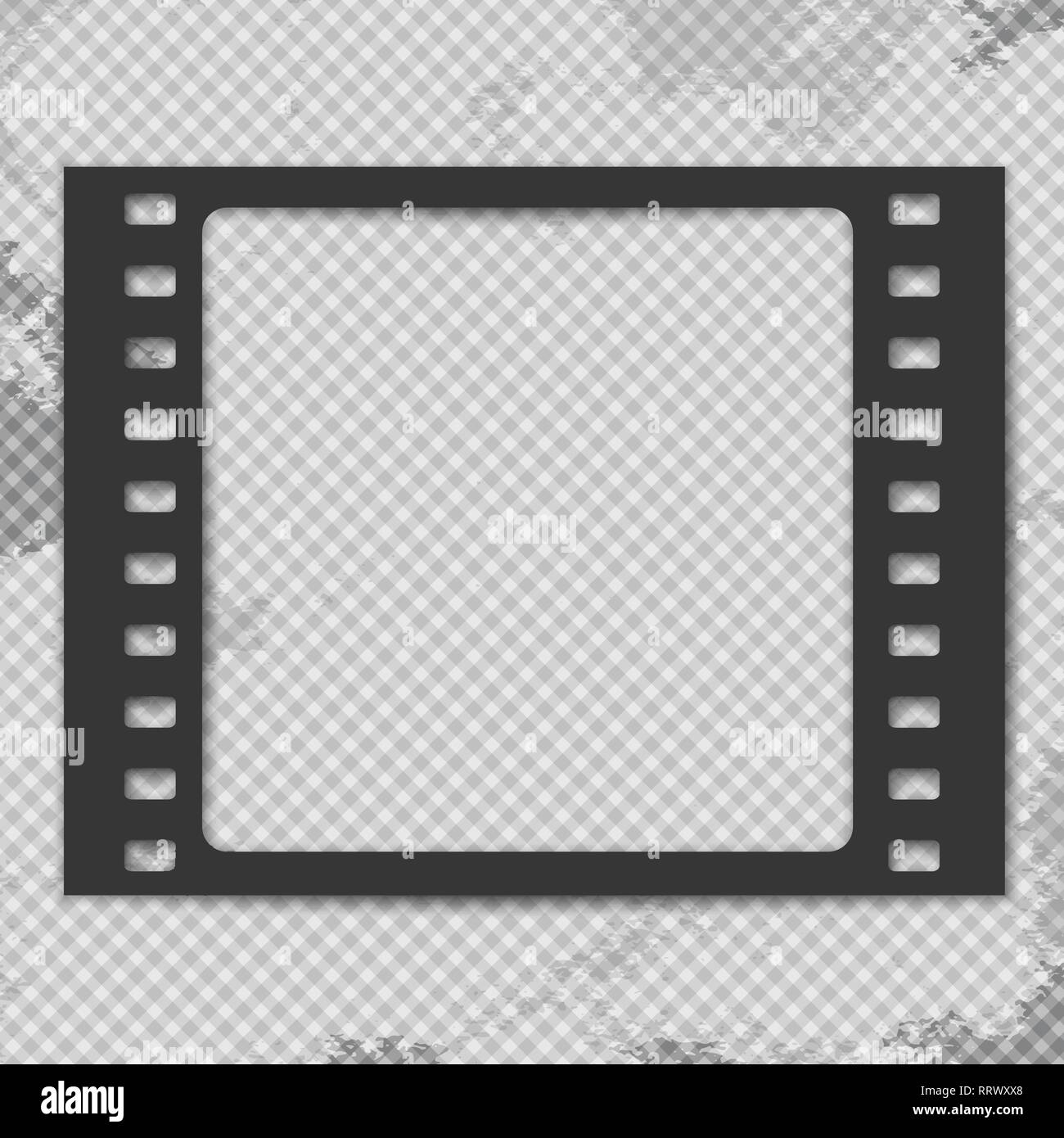 Black grunge film strip with shadow is on squared stained background. Vector illustration Stock Vector
