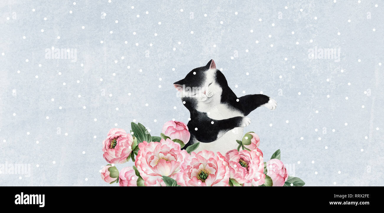 Cute watercolor fat cat on blue background with pink peonies and snowflakes for design, postcards, banners. Stock Photo