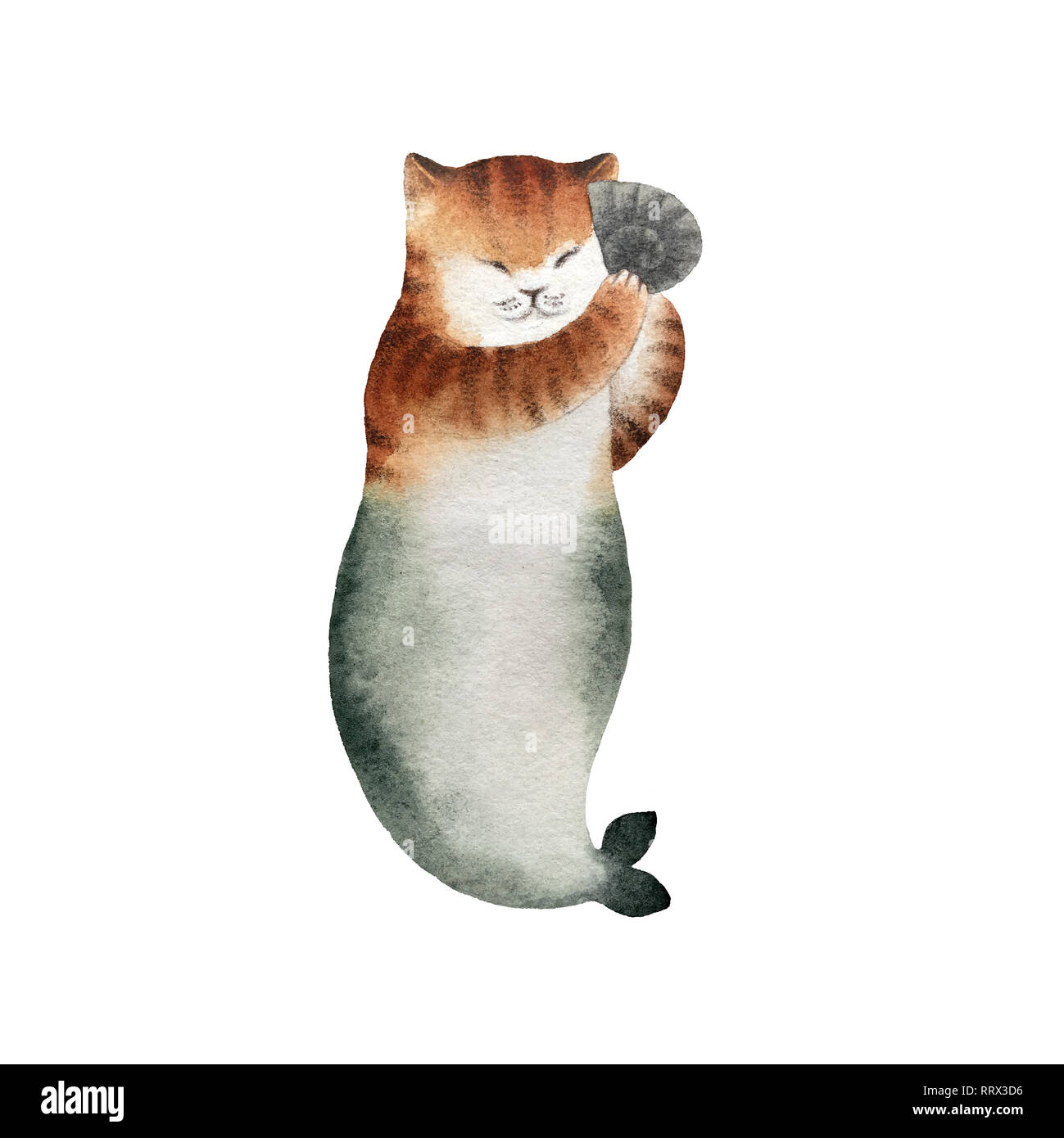 Cute watercolor cat mermaid character isolated on white background for design, postcards, banners. Stock Photo