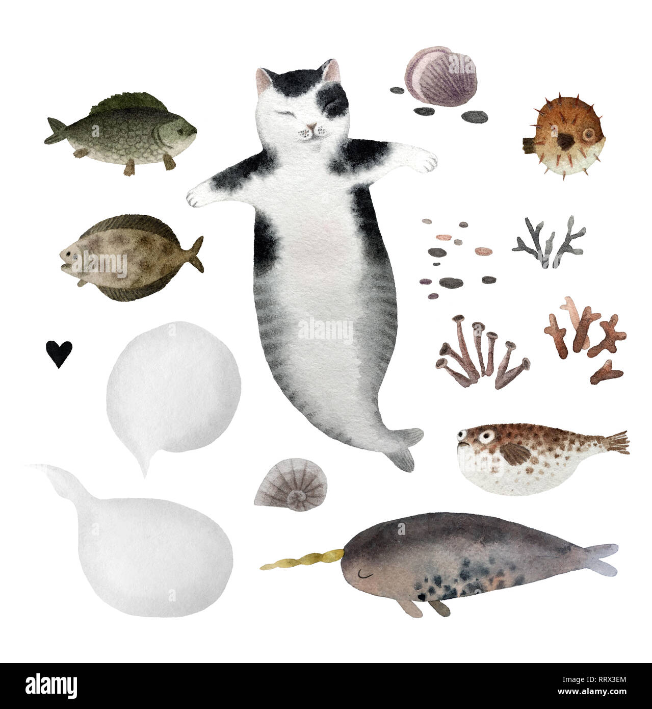 Set of cute watercolor cat mermaid and fishes isolated on white background for design, postcards, banners. Stock Photo