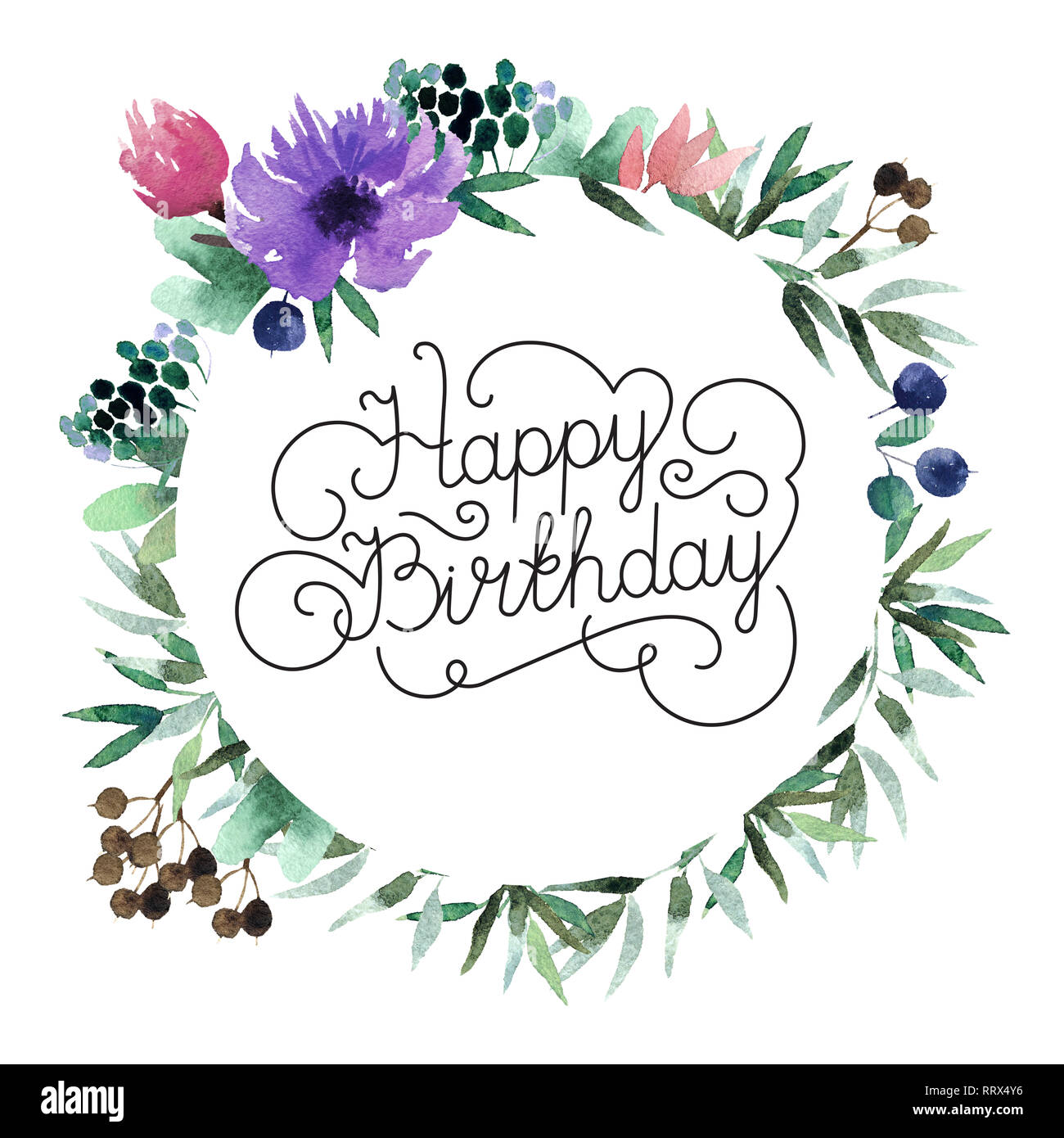 Beautiful watercolor wreath with inscription Happy Birthday isolated on