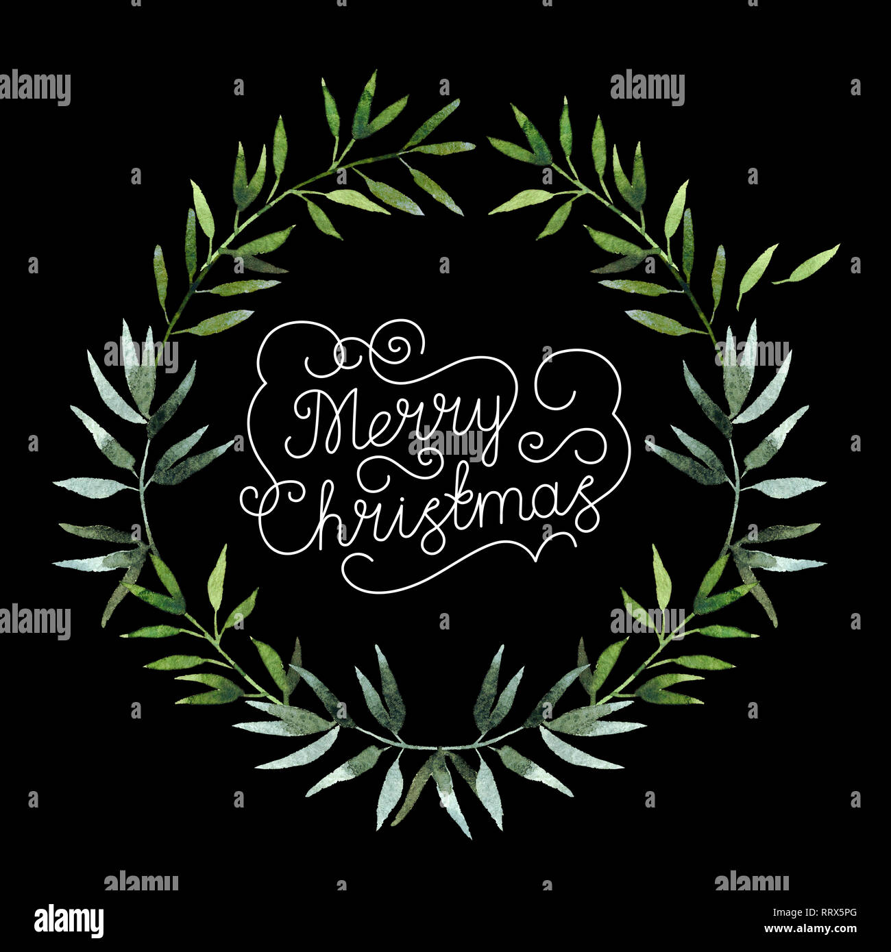Beautiful watercolor christmas wreath with inscription Merry Christmas isolated on black background. Round floral watercolor wreath for design, postca Stock Photo