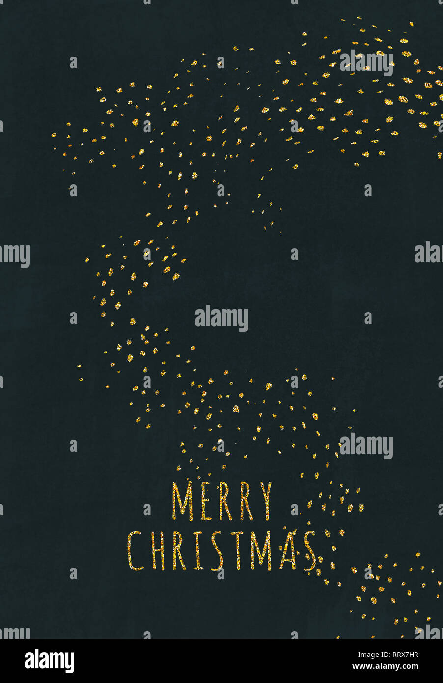 Ready to print greeting postcard. Postcard with beautiful gold glitter sparks. Merry Christmas postcard. Stock Photo