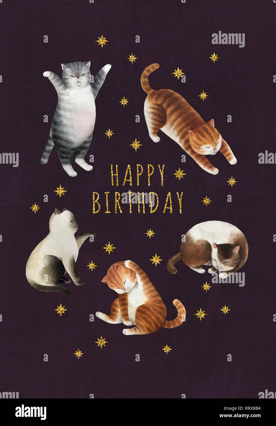 Greeting postcard with set of cats. Set of watercolor cats, gold glitter stars isolated on violet background. Ready to print postcard. Stock Photo