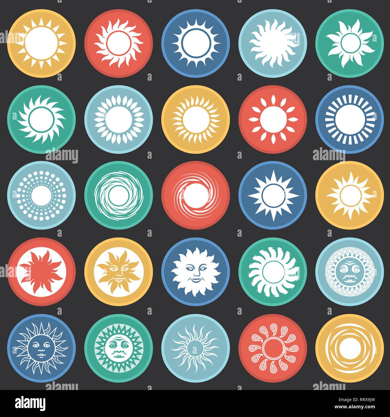 Sun icons set on color circles black background for graphic and web ...