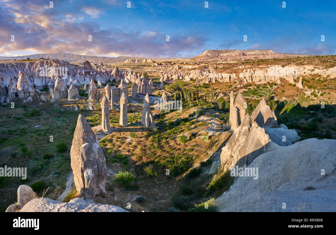 Pictures & images of the fairy chimney rock formations and rock pillars of “love Valley” near Goreme, Cappadocia, Nevsehir, Turkey Stock Photo