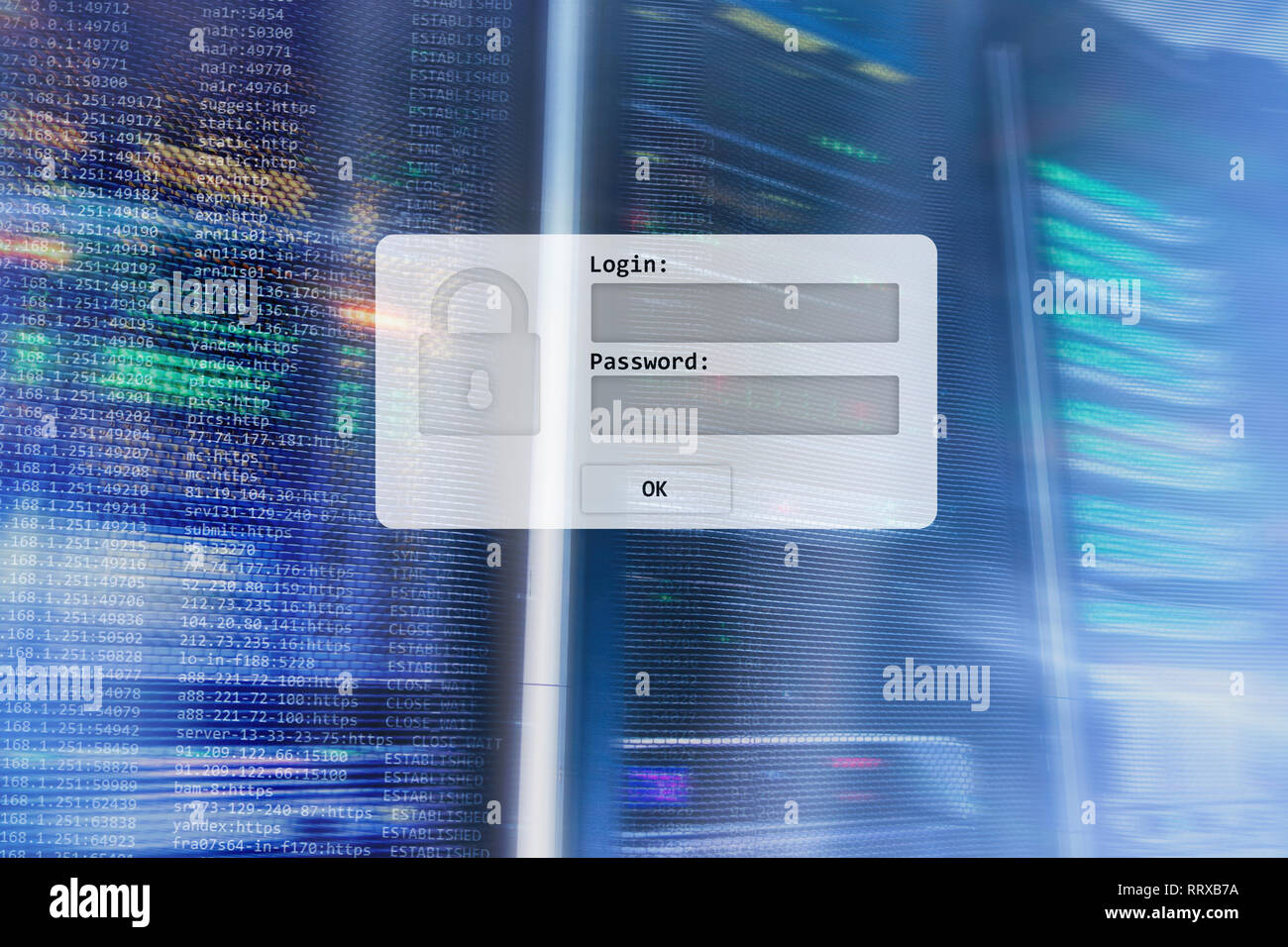 Server room, login and password request, data access and security. Stock Photo