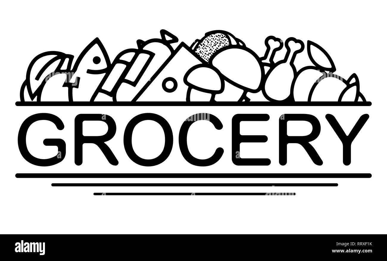 Grocery design with icons of different foods. Can used for banner, logo, label, packaging design. For decor of grocery or farm store. Stock Vector