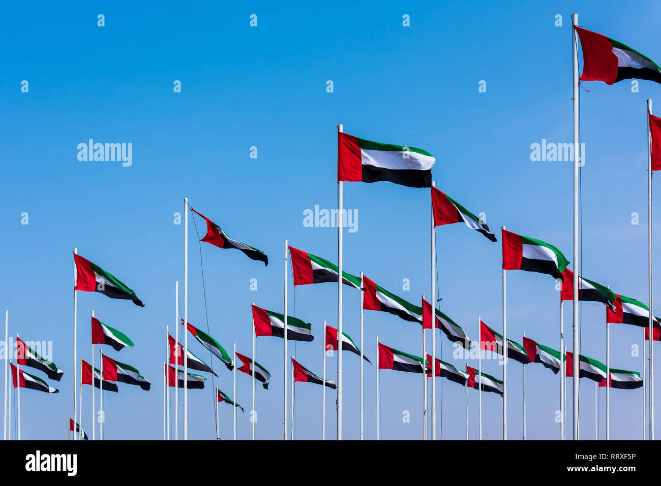 Many United Arab Emirates flags winding in the wind against blue sky Stock Photo