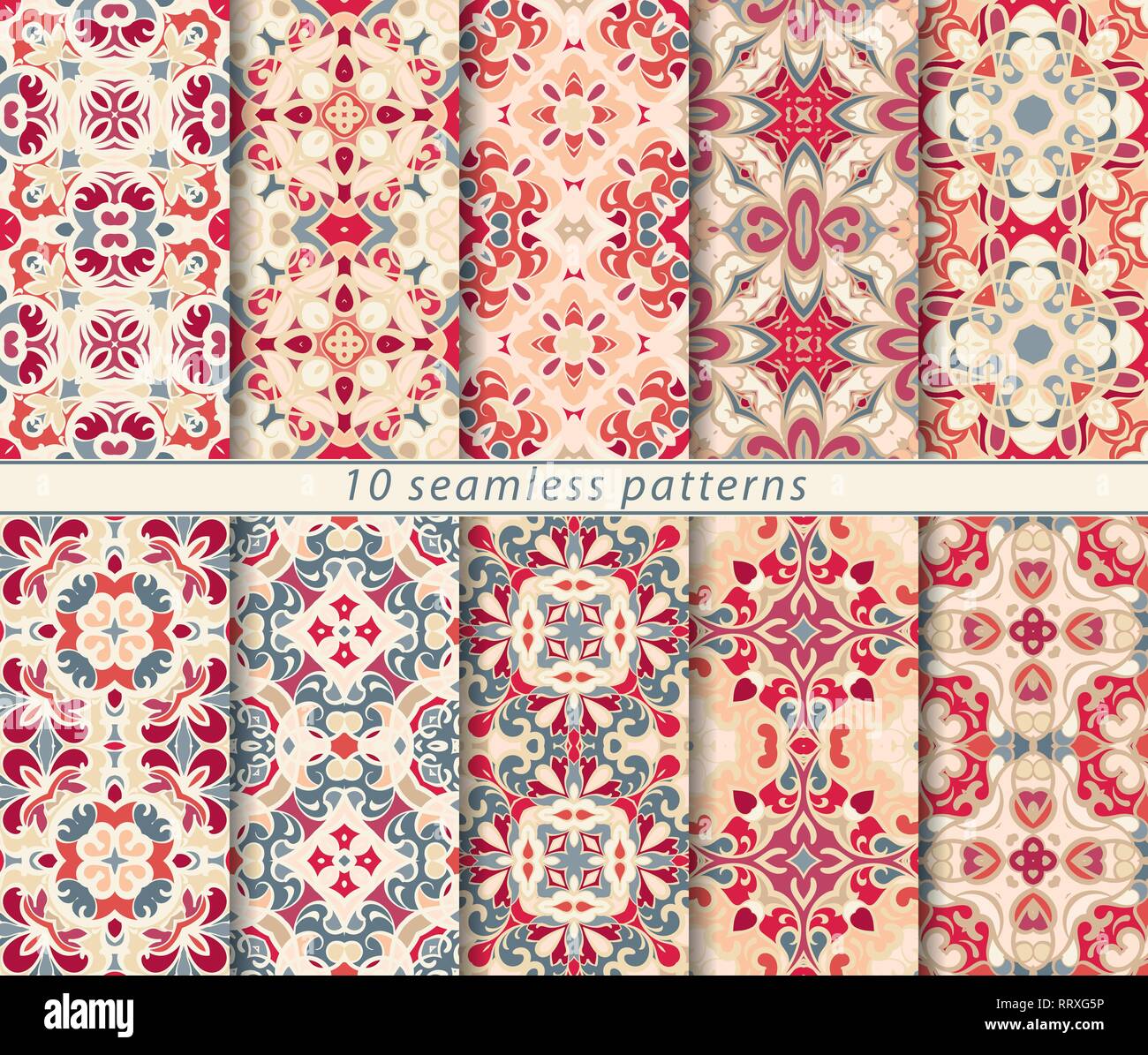 Ten seamless patterns in Oriental style. Eastern ornaments for design fabric, wrapping paper or scrapbooking. Vector illustration in red colors. Stock Vector