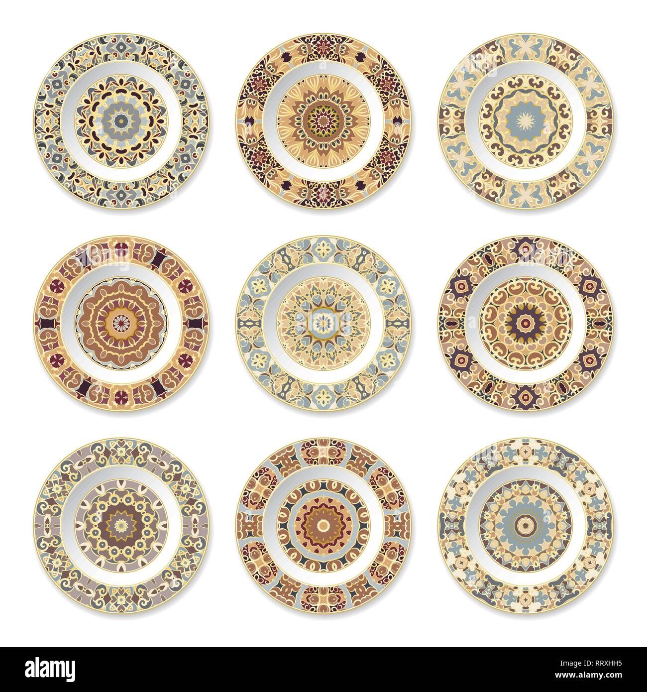 Set Of Decorative Plates With A Circular Colorful Pattern And Gold Contour Top View White Background Vector Illustration Stock Vector Image Art Alamy