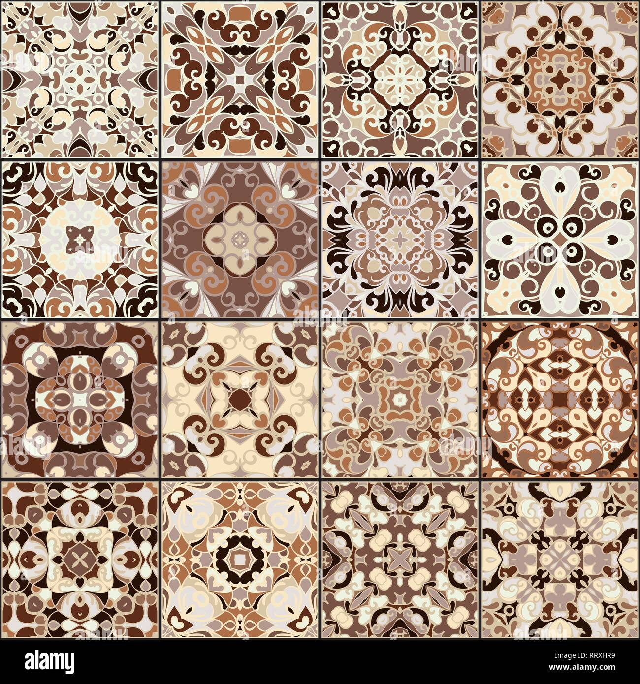 A collection of ceramic tiles in brown colors. A set of square patterns in ethnic style. Vector illustration. Stock Vector