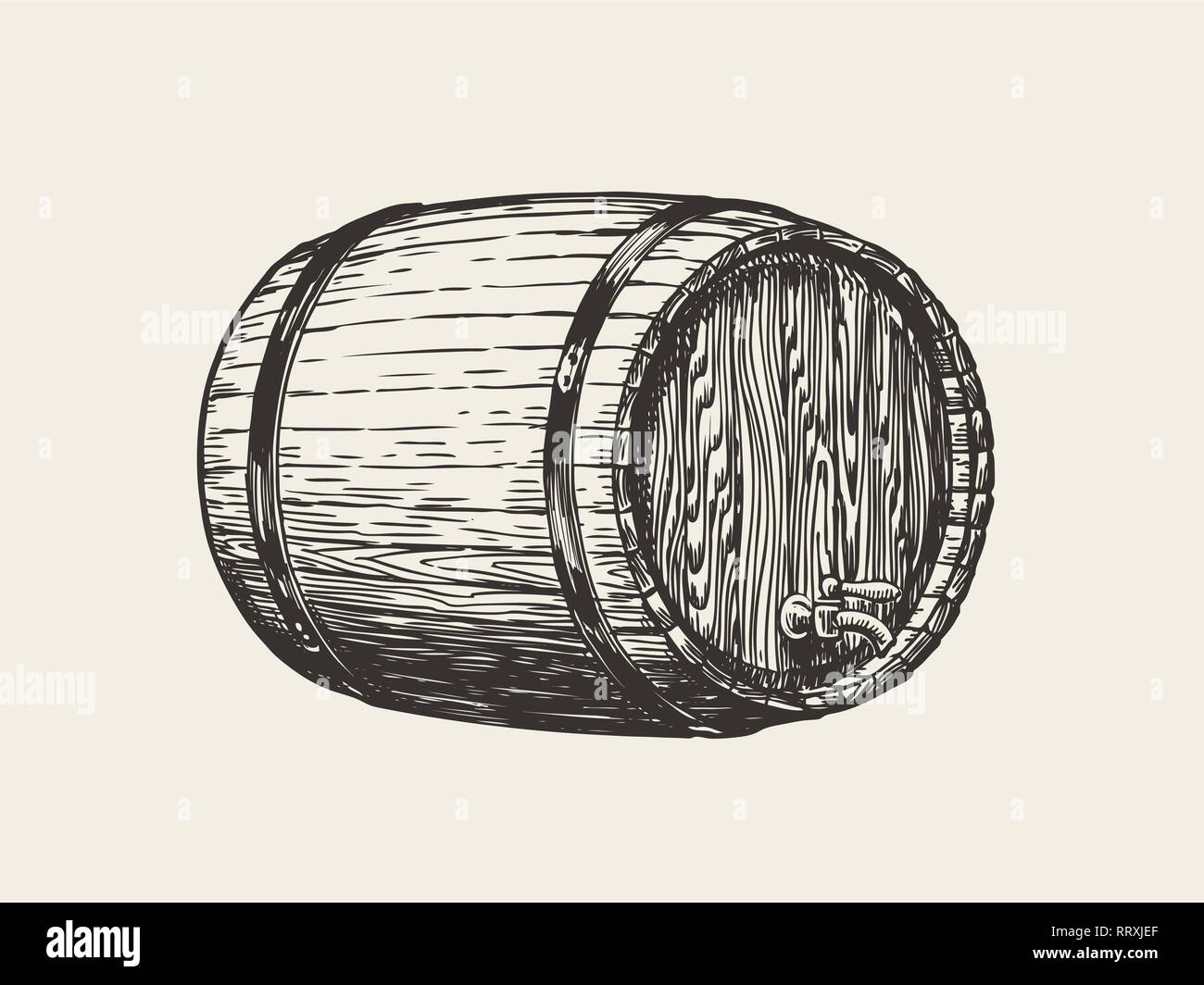 Wooden oak barrel. Wine, whisky, pub sketch. Hand drawn vintage vector illustration Stock Vector