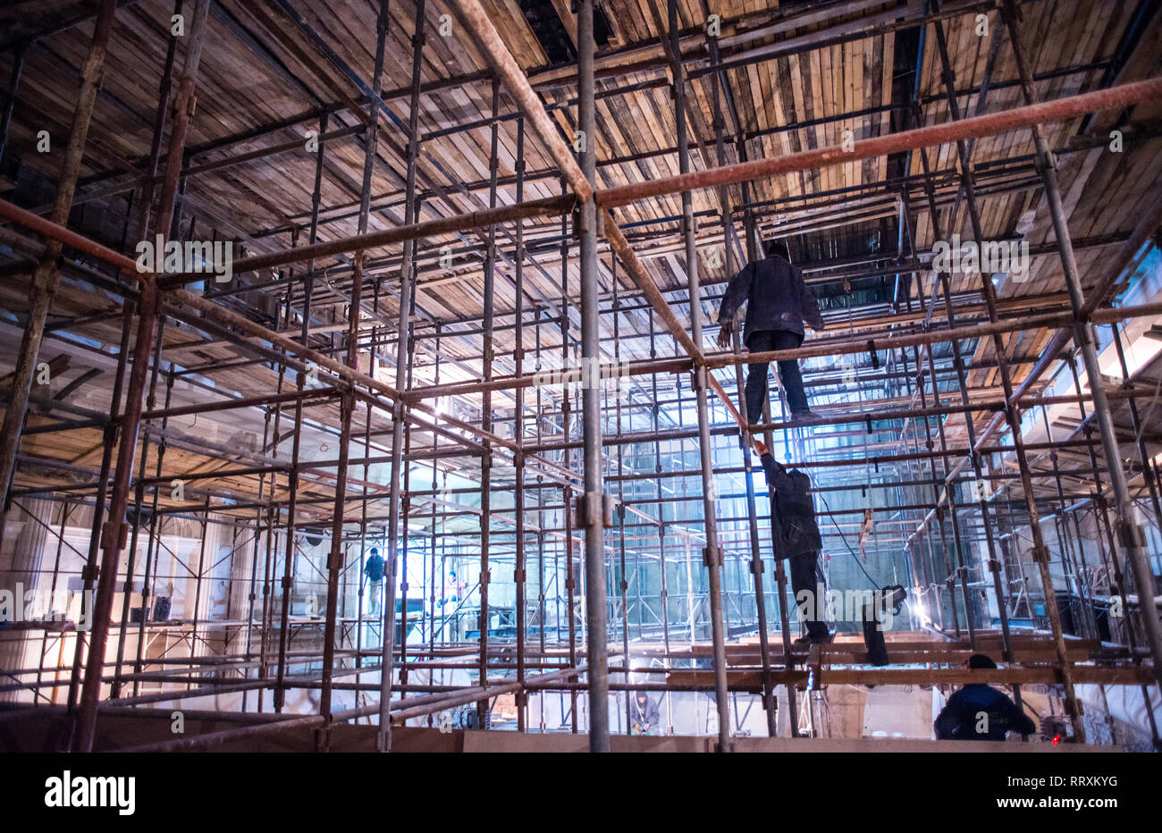 Scaffolding at the reconstruction of the concert hall of Kharkiv Philarmony Stock Photo