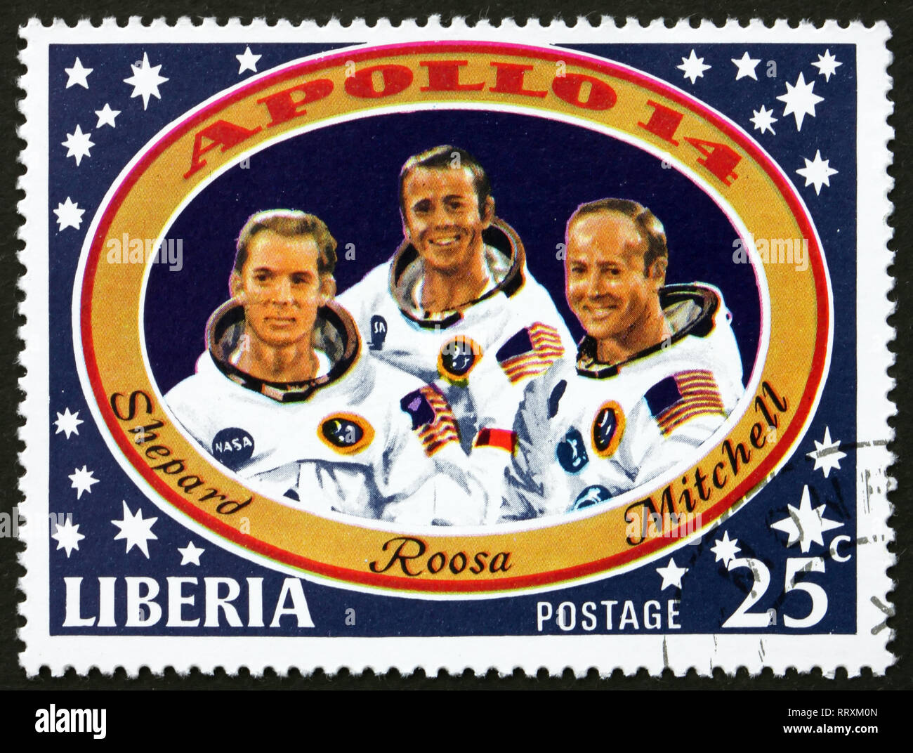 LIBERIA - CIRCA 1971: a stamp printed in the Liberia shows Shepard, Roosa and Mitchell, Apollo 14 Moon Landing, circa 1971 Stock Photo