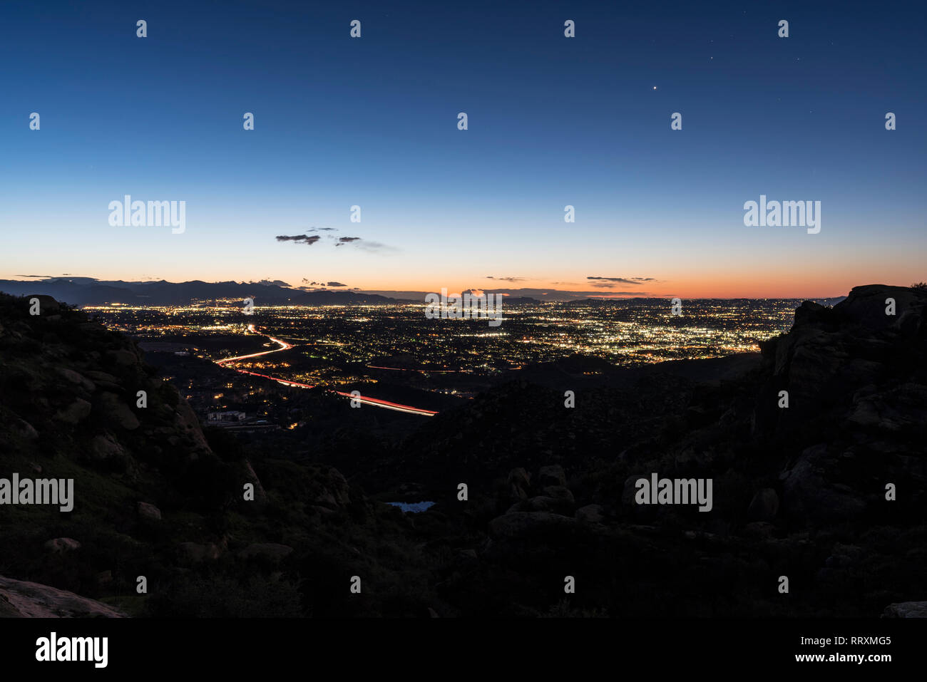 Los Angeles California predawn hilltop view of the 118 freeway and the San Fernando Valley. Stock Photo