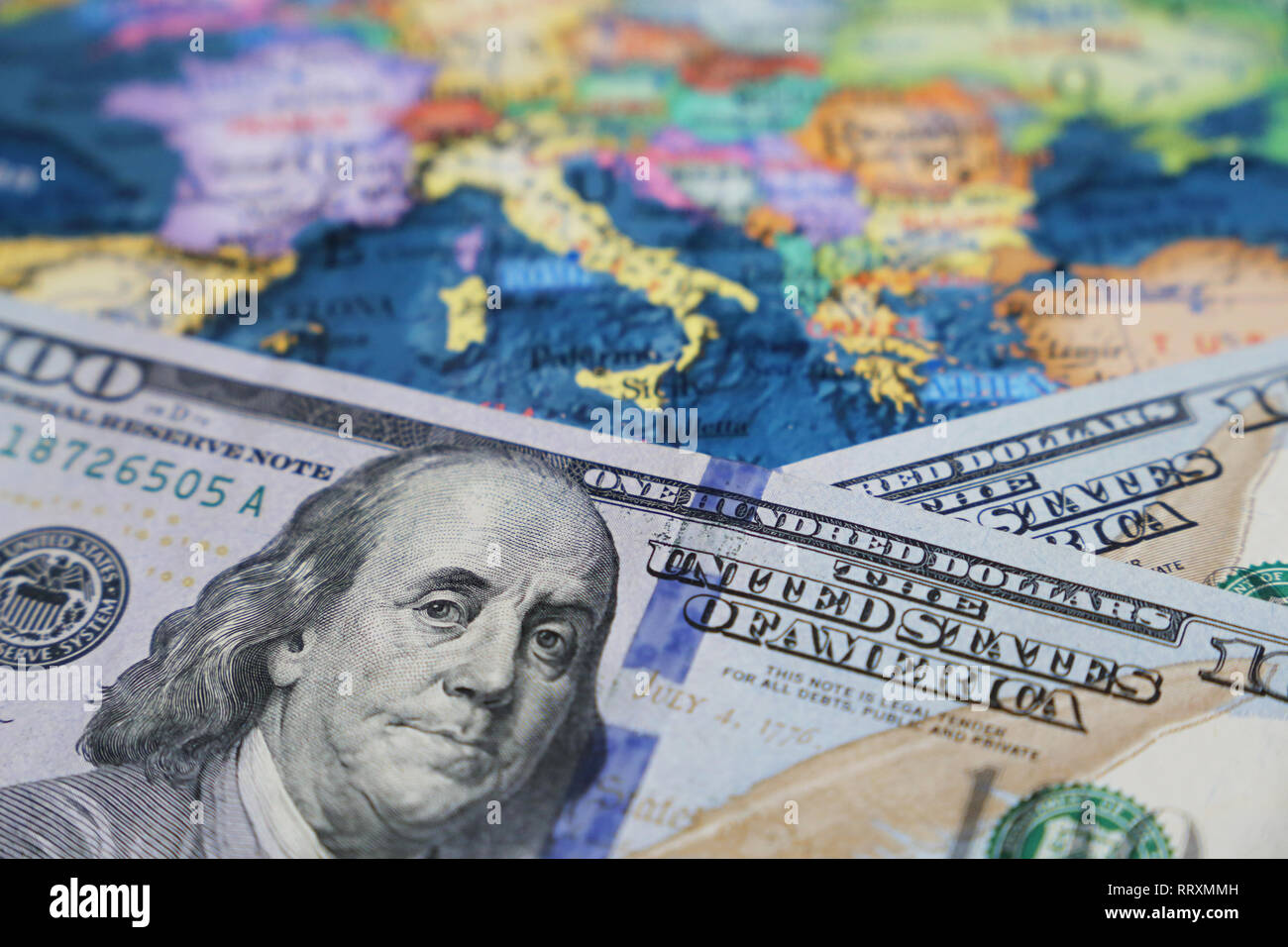 US dollars on the map of Europe. American investment and trading with EU, european economy Stock Photo