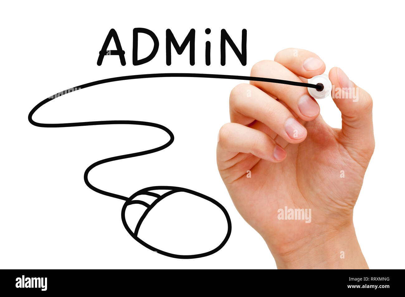Hand drawing computer mouse under the word Admin with black marker on transparent wipe board. Database, system, network, web or security administrator Stock Photo
