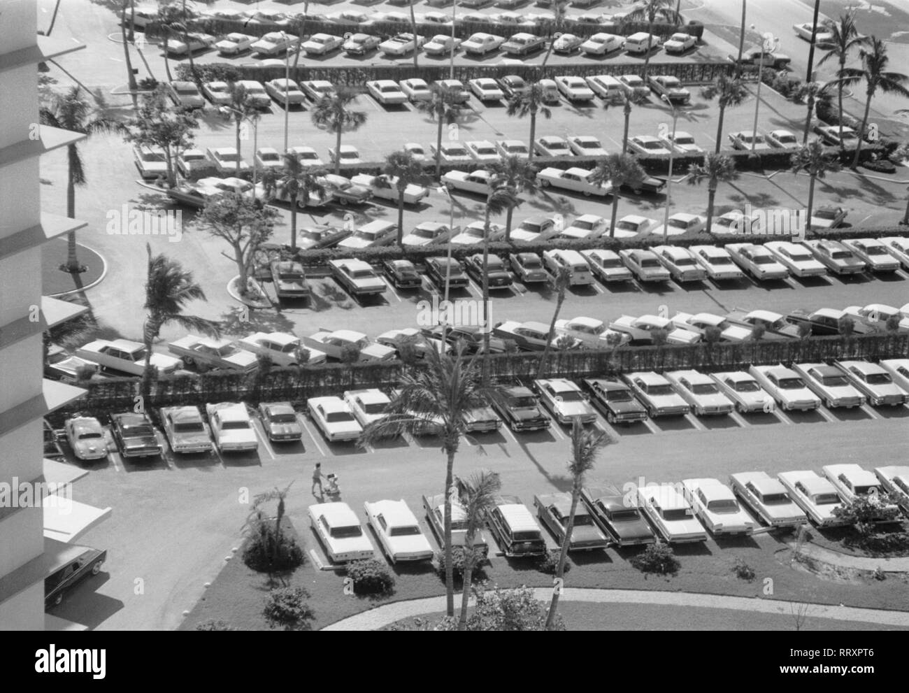 USA - Florida ca. 1959, Miami Beach, Blick vom Hochhaus auf den Parkplatz. View to parking area. Stock Photo