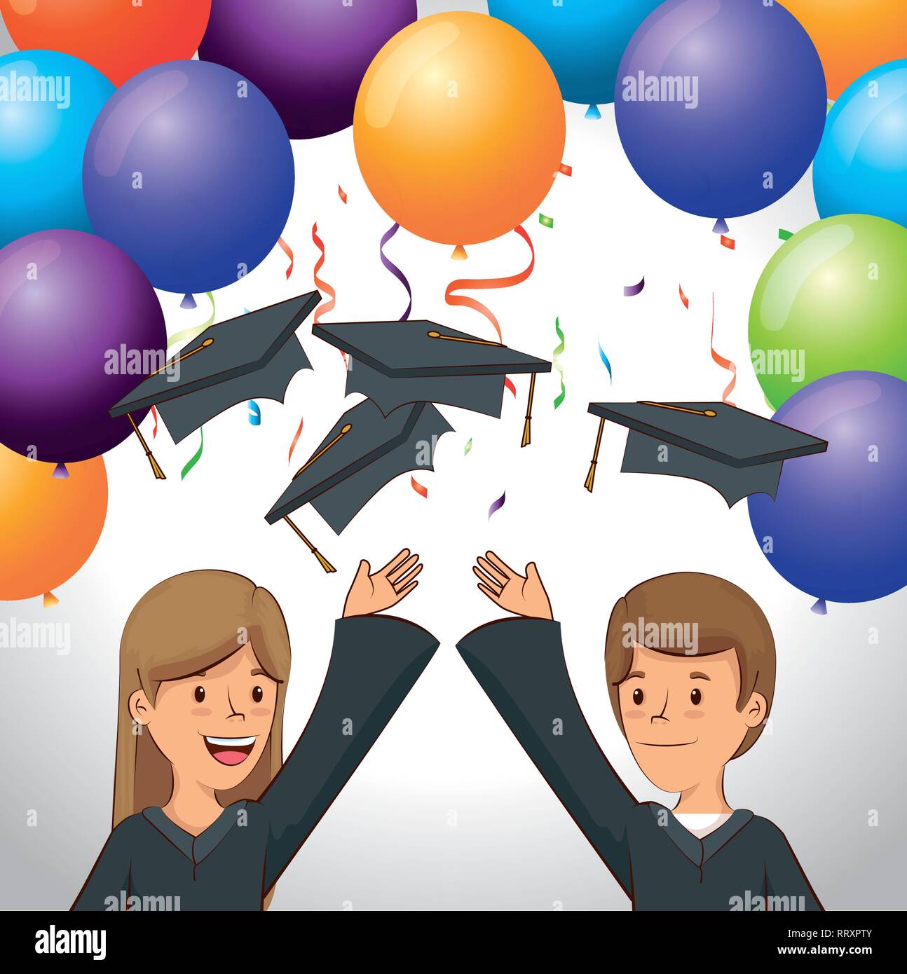 happy people graduation with balloons and confetti Stock Vector Image ...
