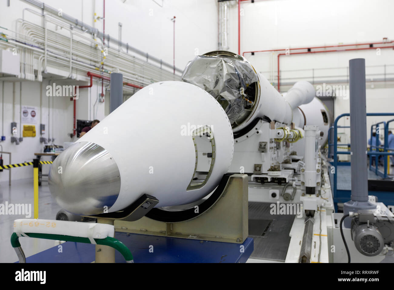 The Launch Abort System for the Orion Ascent Abort-2 Flight Test is assembled inside the Launch Abort System Facility at Kennedy Space Center February 5, 2019 in Cape Canaveral, Florida. The LAS is being prepared for a full-stress test scheduled for Spring 2019. AA-2 will launch from Space Launch Complex 46, carrying a fully functional LAS and a 22,000-pound Orion test vehicle to an altitude of 31,000 feet and traveling at more than 1,000 miles an hour. The test will verify the LAS can steer the crew module and astronauts aboard to safety. Stock Photo