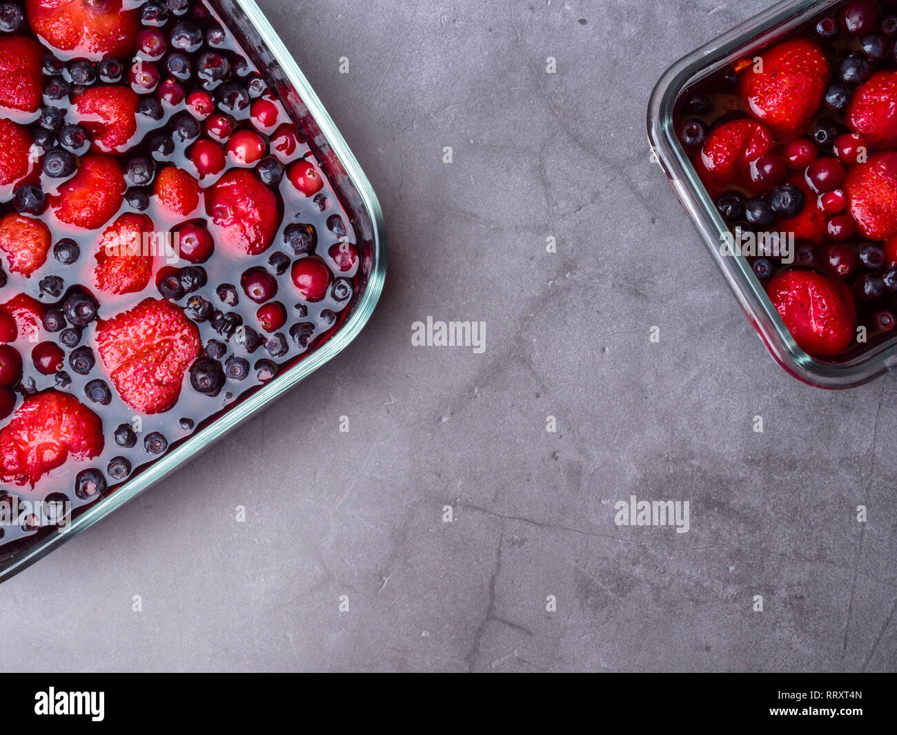 Top view of mixed jelly fruits strawberry, blueberry, cranberry , eich