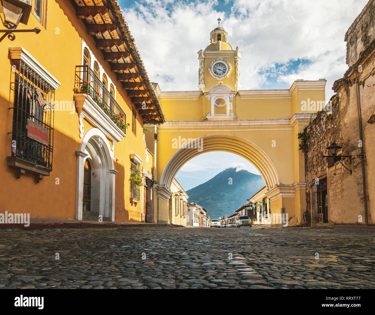 Santa Catalina Arch ans Agua Volcano - Antigua, Guatemala Stock Photo