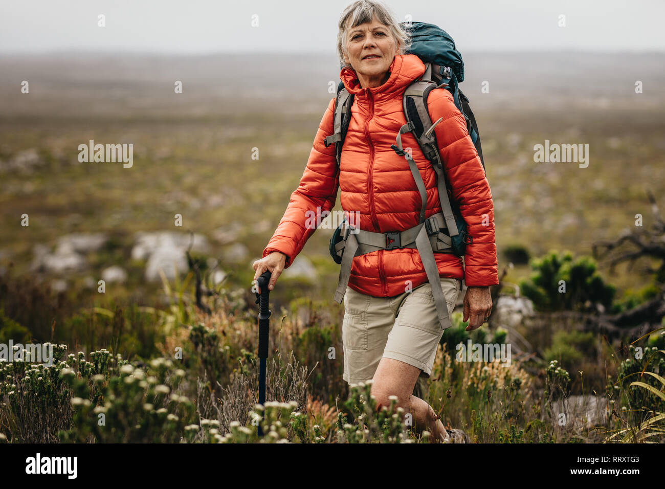 Adventurous senior woman on a hiking trip. Senior woman wearing jacket and backpack trekking in the countryside holding a hiking pole. Stock Photo