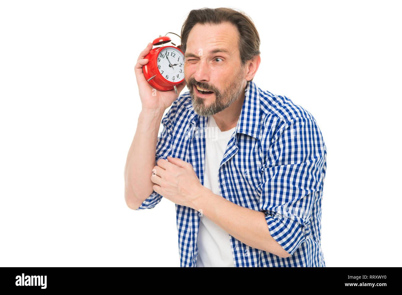 Time is short. Bearded man listening to clock ticking sound. Aged man ...