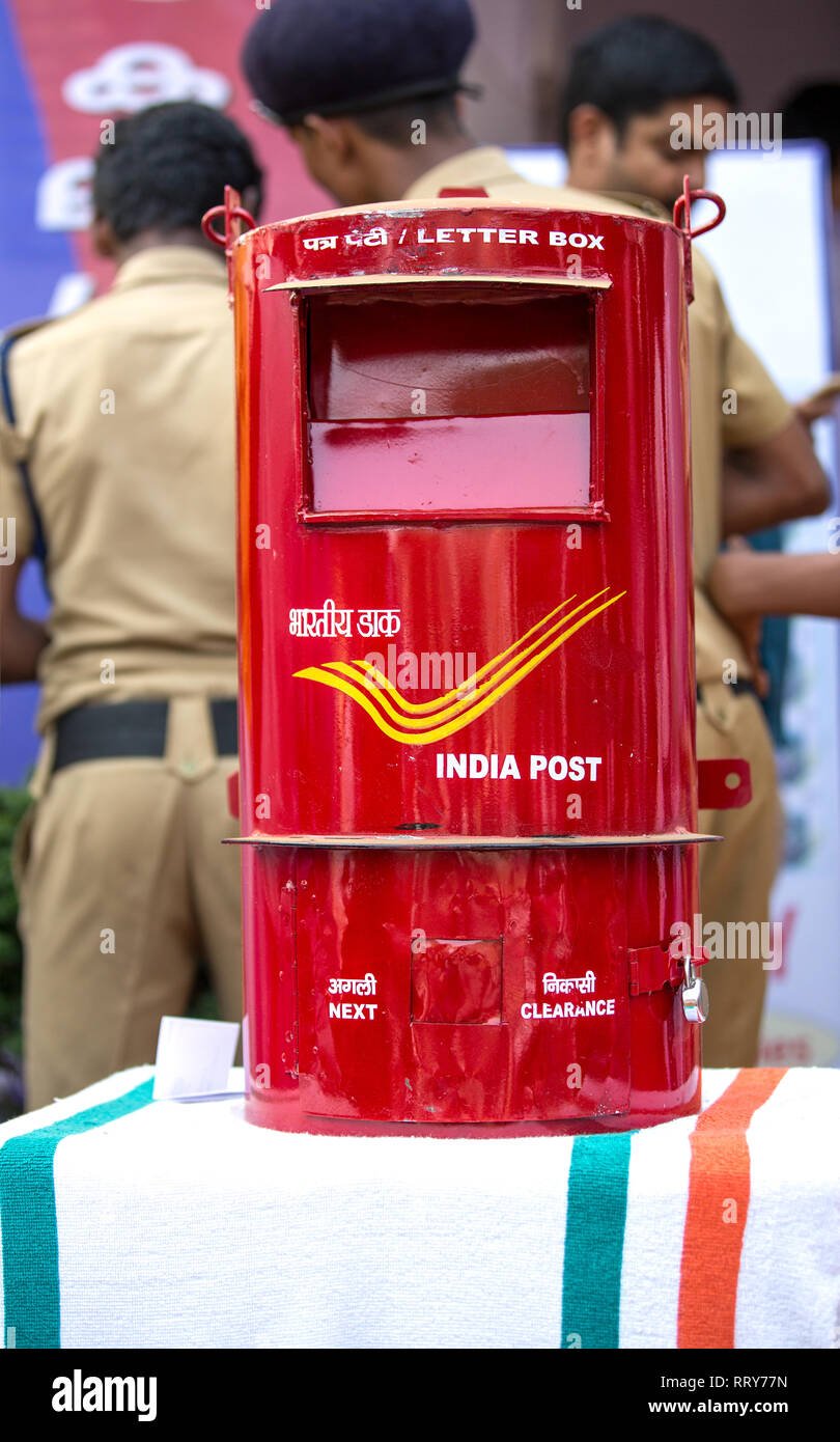 post box,indian postal department post box,red post box,old pos style indian post box,pradeep subramanian Stock Photo