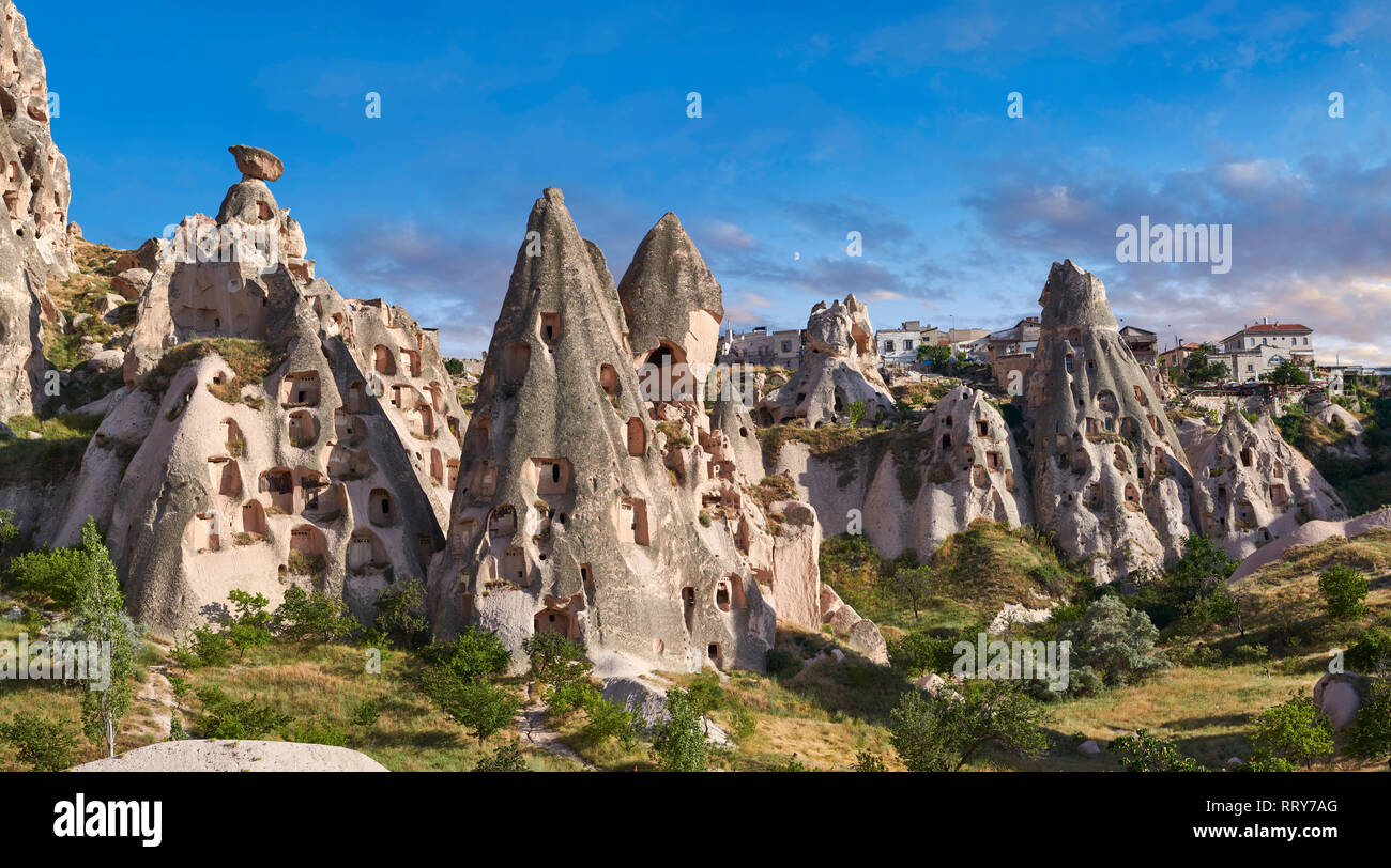 Pictures & images of the cave city houses in the rock formations & fairy chimney of Uchisar, near Goreme, Cappadocia, Nevsehir, Turkey Stock Photo