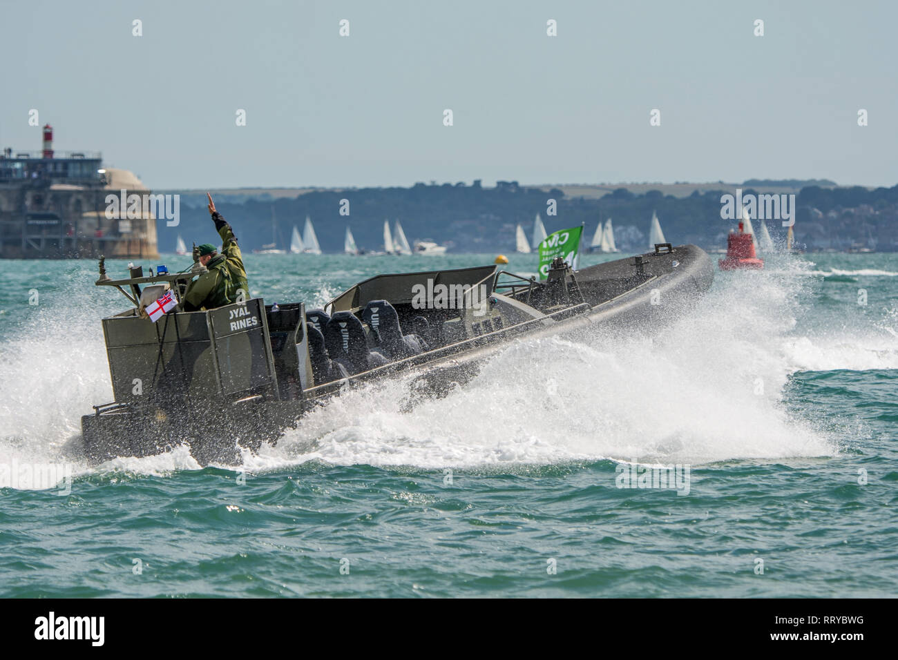 Royal Marines in a offshore raiding craft (ORC) provide maritime security for the America's Cup World Series at Portsmouth, UK on the 25th July 2015. Stock Photo