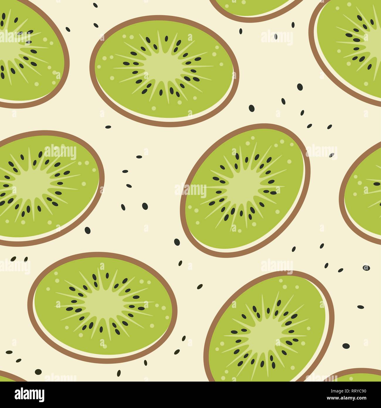 vector kiwi fruit seamless background pattern. random kiwi fruit slices and kiwi fruit seeds Stock Vector