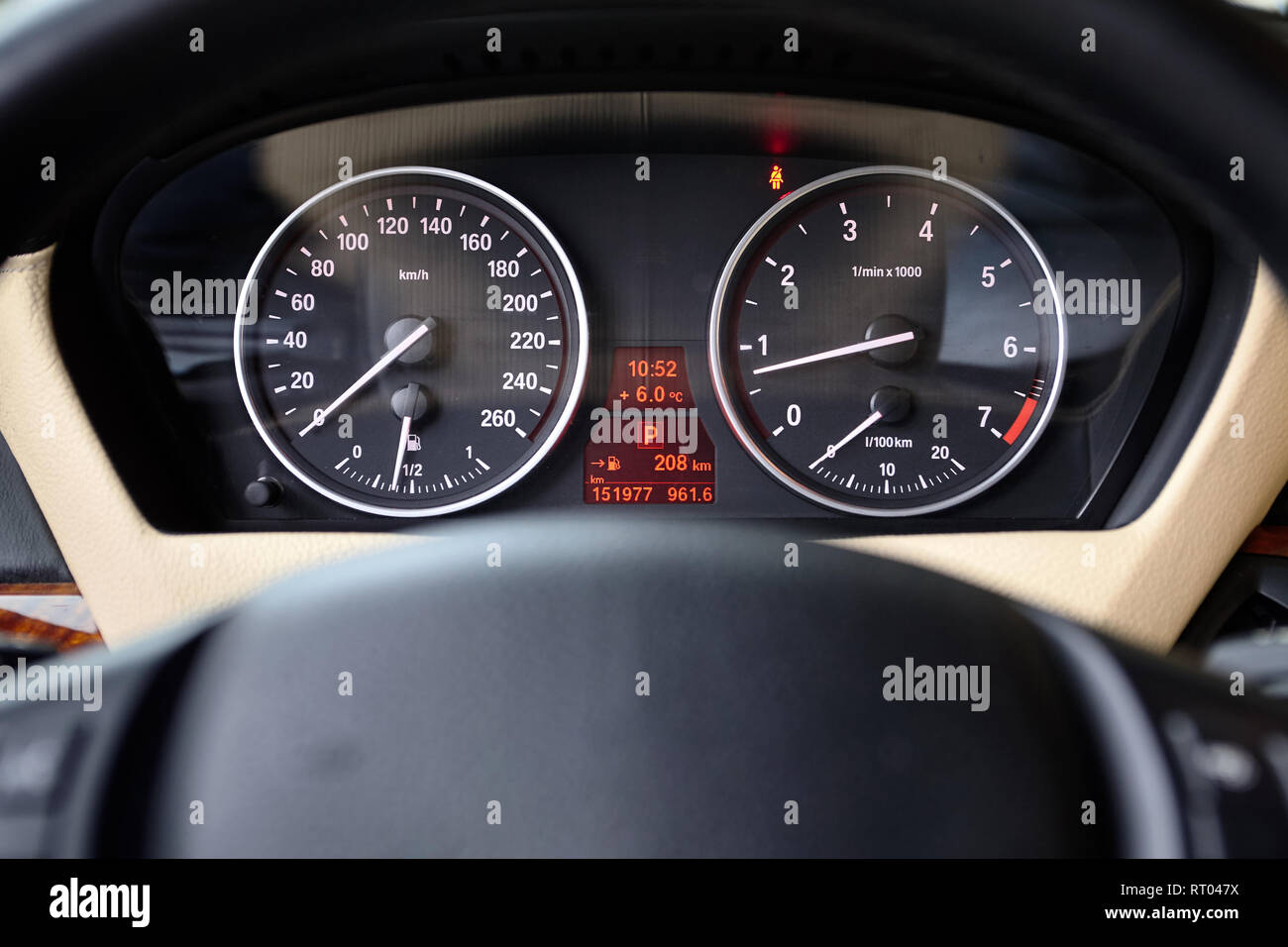 Multifunctional panel of luxury car with speedometer tachometer