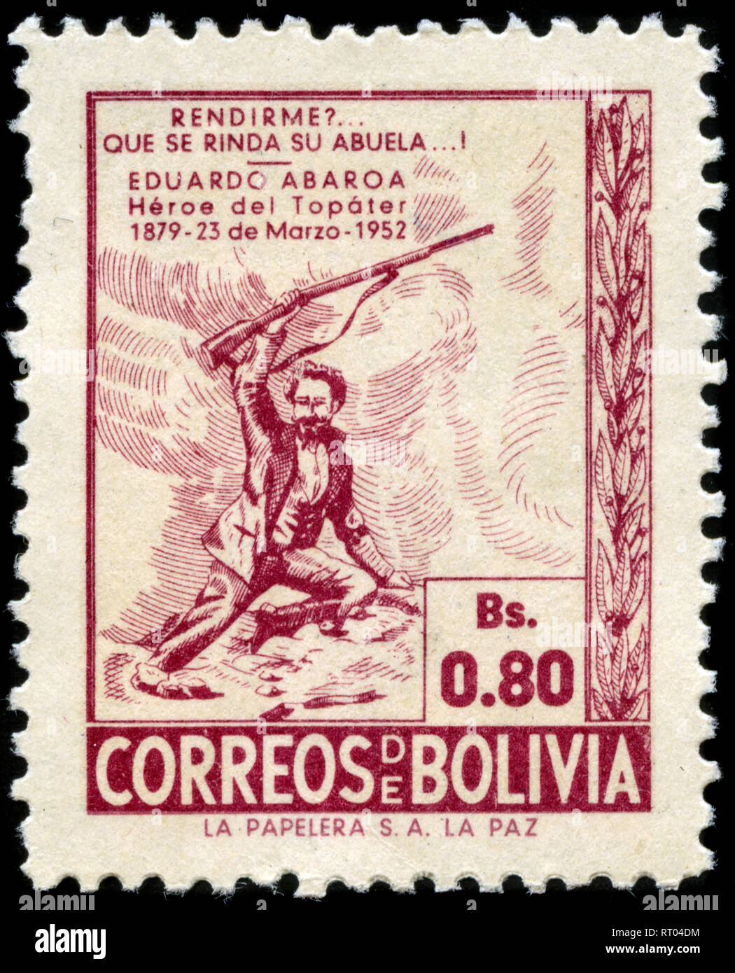 Postage stamp from Bolivia in the 73rd anniversary of the death of Eduardo Abaroa series issued in 1952 Stock Photo