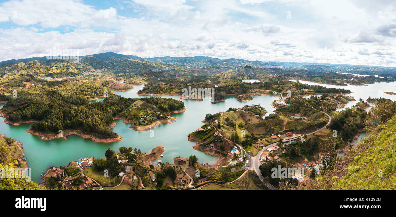 Panoramic view of Guatape Dam (Penon de Guatape) - Colombia Stock Photo