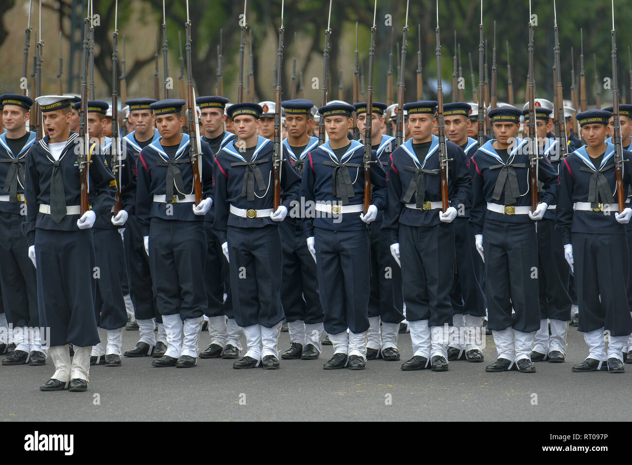 Buenos Aires, Argentina - Jul 11, 2016: Argentine navy sailors at the military parade during celebrations of the bicentennial anniversary of Argentine Stock Photo