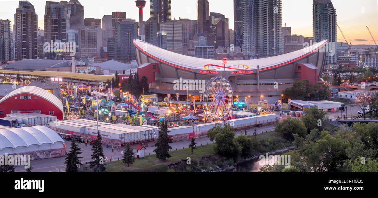 Panoramic view of the the Calgary Stampede at sunset in Calgary, Alberta. The Calgary Stampede is often called the greatest outdoor show on earth. Stock Photo