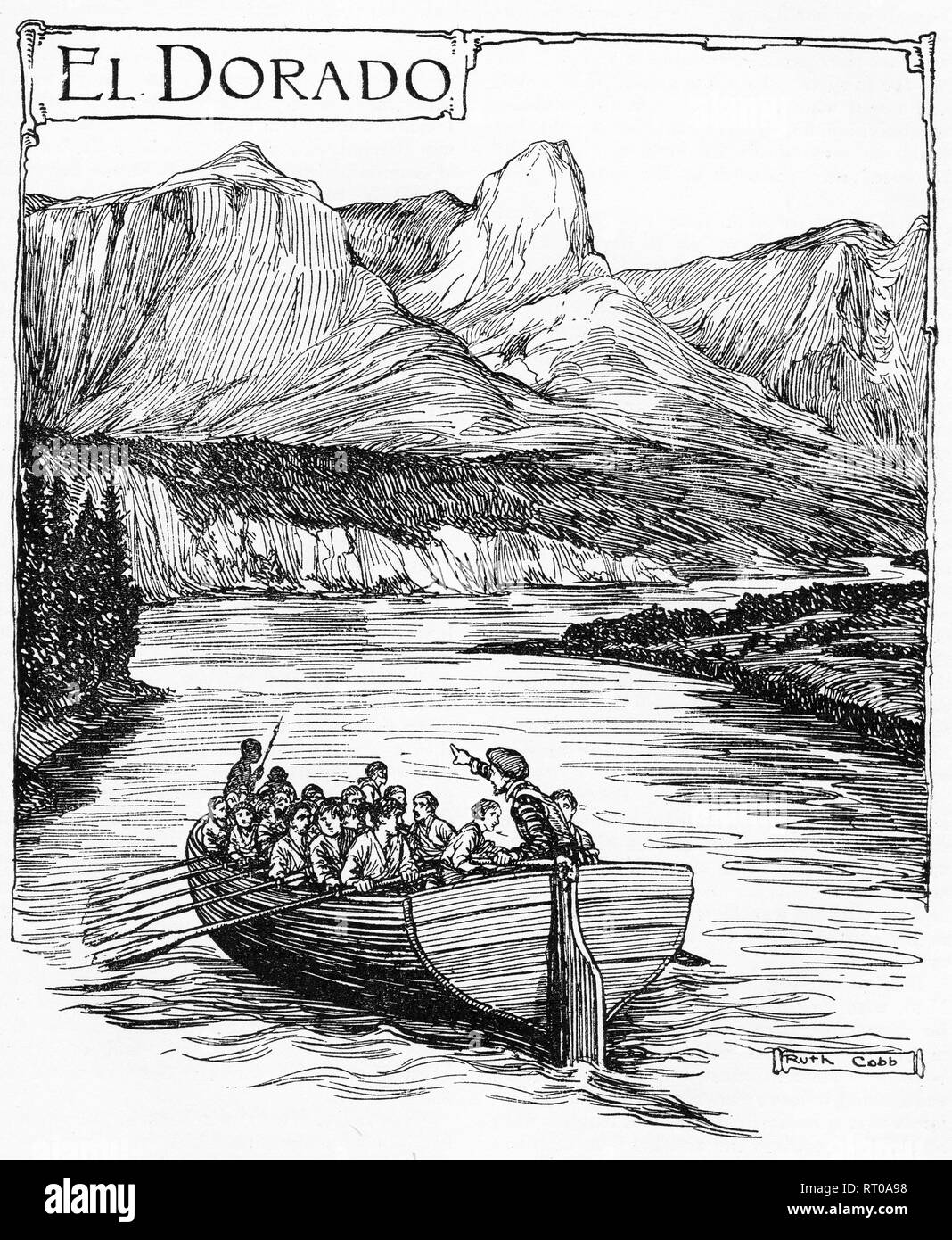 Engraving of a boat load of conquistadors trying to find El Dorado. From Chatterbox magazine, 1905 Stock Photo