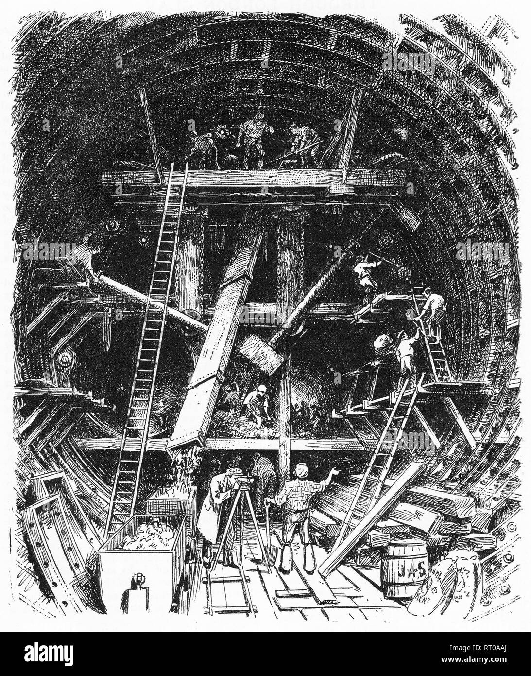 Engraving of men building the London underground railway system. From Chatterbox magazine, 1905 Stock Photo