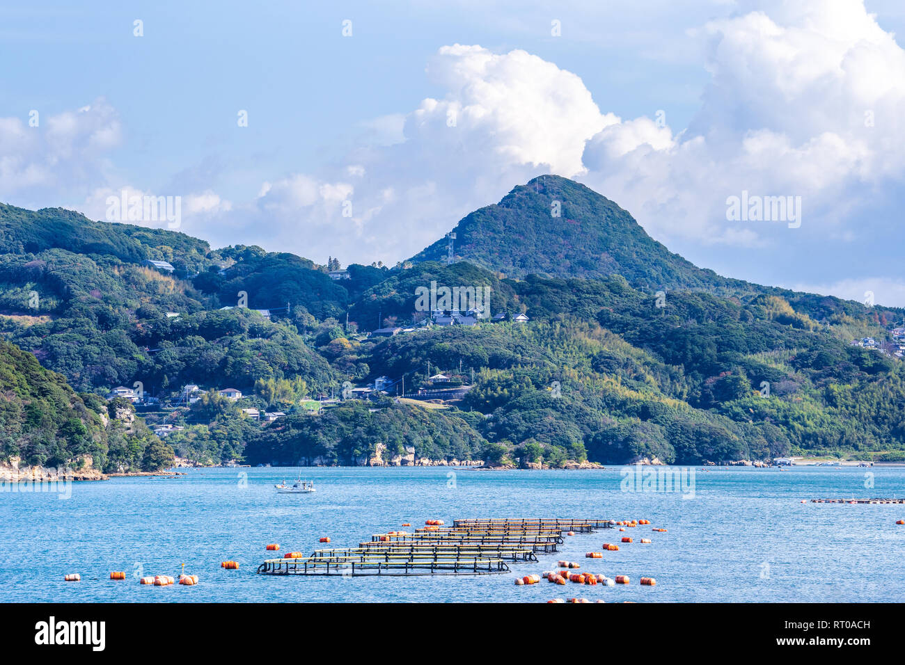 Many small islands over the blue ocean in sunny day, famous Kujukushima