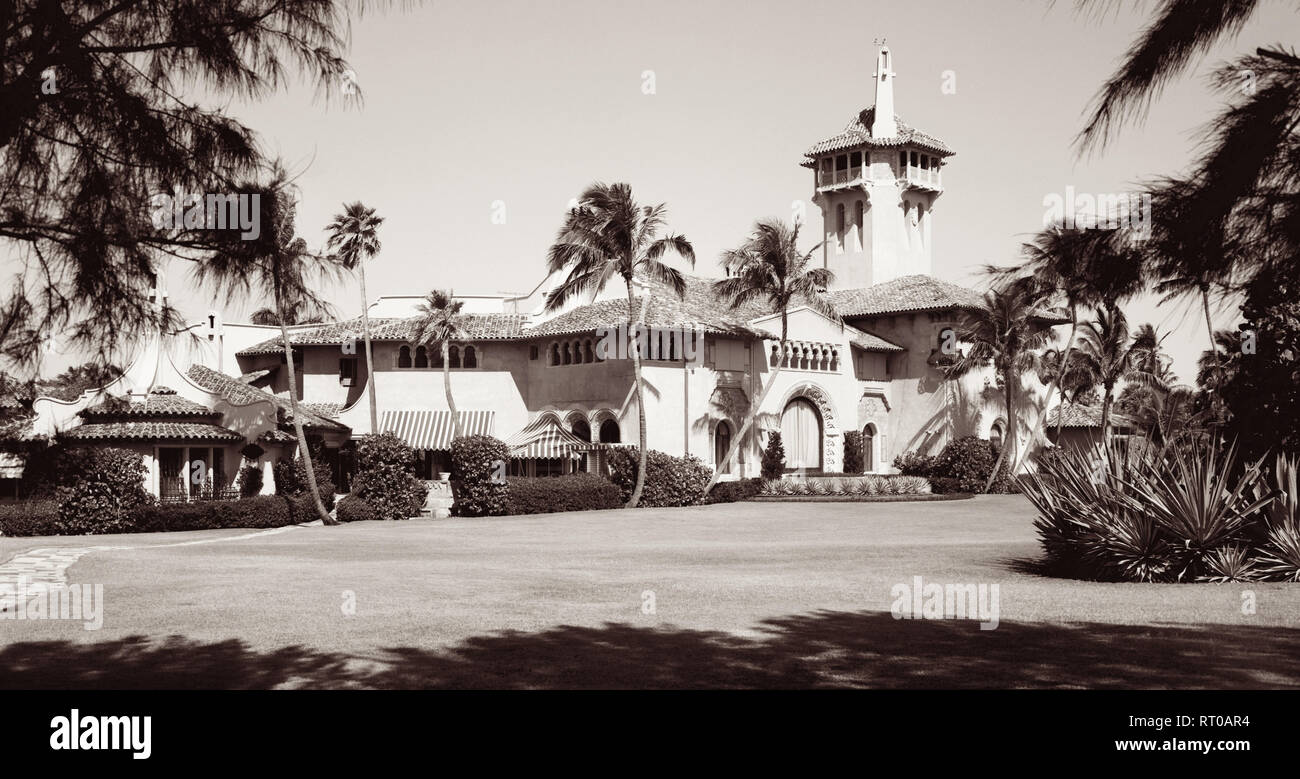 Mar-a-Lago (Spanish for 'Sea-to-Lake') was the former estate of Marjorie Merriweather Post and is the 'Winter White House' and personal residence of US President Donald Trump in Palm Beach, Florida. The 62,500 square-foot home also houses the members-only Mar-a-Lago Club. Built between 1924 and 1927, the estate stretches from the Intracoastal Waterway (Lake Worth) to the Atlantic Ocean on the barrier island of Palm Beach. Stock Photo